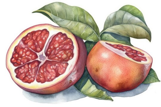 vibrant watercolor painting of a ripe pomegranate with green leaves. Generative AI