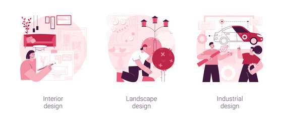 Design studio abstract concept vector illustration set. Interior and industrial design, landscape planning, decor ideas and tips, rooftop garden, product usability, architecture abstract metaphor.