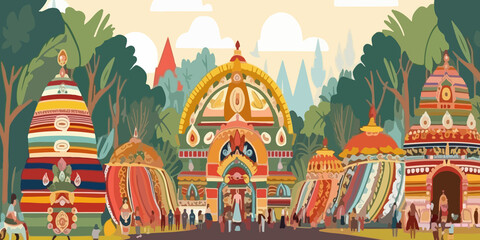 Hand drawn flat illustration of a Rath Yatra, concept background