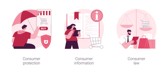 Buyers rights regulation abstract concept vector illustration set. Consumer protection, financial information and privacy security policy, consumer law, online shopping, e-commerce abstract metaphor.