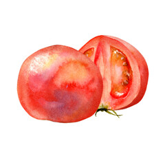 An image of a tomato divided vertically in half, digitally generated from a watercolor painting