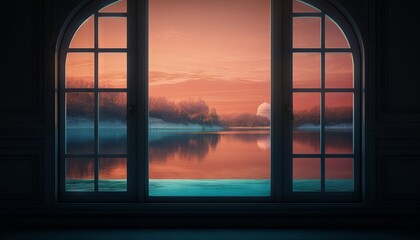 Fototapeta premium image of a window with a view of a peaceful lake or river, with a mosque on its banks to celebrate Eid al-Fitr. Generative ai