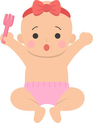 Cute baby with a fork, vector character illustration in cartoon style