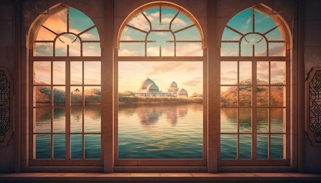 image of a window with a view of a peaceful lake or river, with a mosque on its banks to celebrate Eid al-Fitr. Generative ai