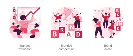 Marketing promo abstract concept vector illustration set. Branded workshop and competition, event management, product placement, digital advertising, rebranding media campaign abstract metaphor.