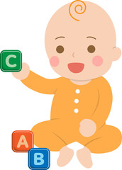 Baby with blocks, happy learning and playing, vector character illustration in cartoon style