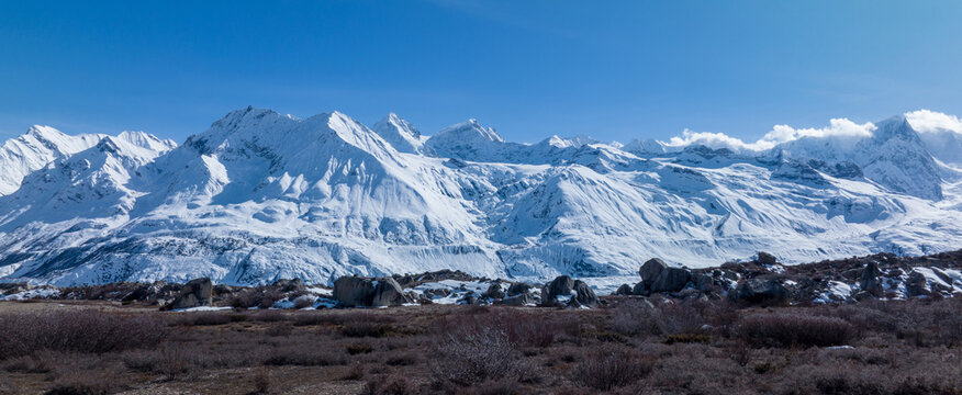 Panorama View Of Glacier And Snow Mountains In Tibet,China