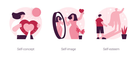 Personal image abstract concept vector illustration set. Self-concept, self-image and esteem, social role, individual psychology, confidence, positive self-perception, portrait abstract metaphor.