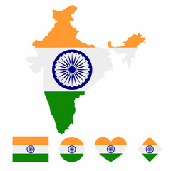 Vector of India map flag with flag set isolated on white background. Collection of  flag icons with square, circle, love, heart, and rectangle shapes.