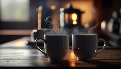 Obraz premium Coffee cups on wooden table in room with morning light from a window. Generative AI