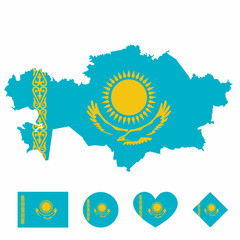 Vector of Kazakhstan map flag with flag set isolated on white background. Collection of  flag icons with square, circle, love, heart, and rectangle shapes.