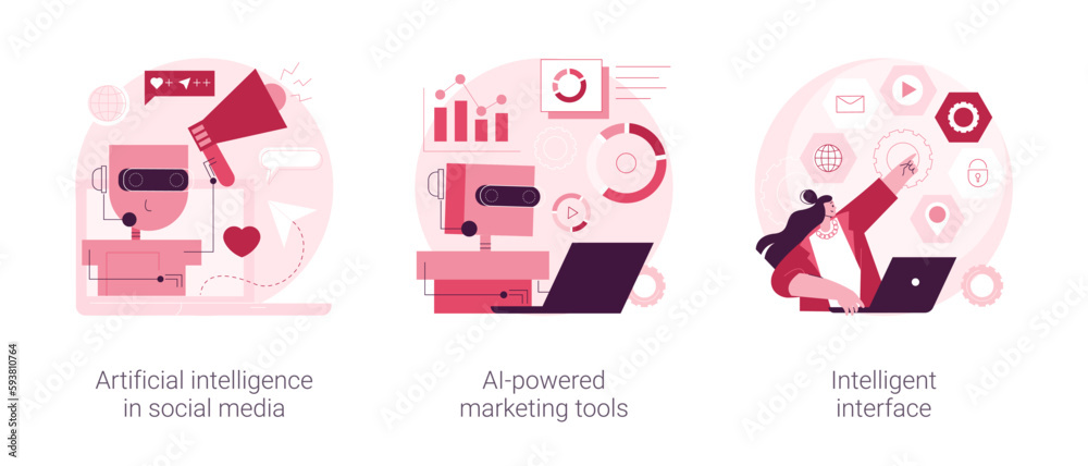 Poster automated algorithm abstract concept vector illustration set. artificial intelligence in social medi