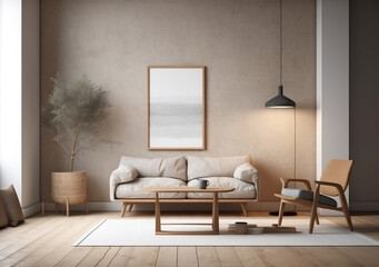 Mockup poster frame on the wall of living room. Modern Japanese style. Modern interior design. 3D render, 3D illustration.