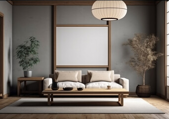 Mockup poster frame on the wall of living room. Modern Japanese style. Modern interior design. 3D render, 3D illustration.