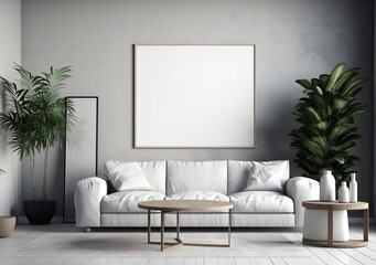 Mockup poster frame on the wall of living room. Scandinavian style. Modern interior design. 3D render, 3D illustration.