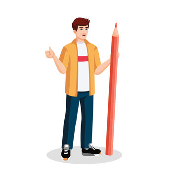 Flat student standing with pencil. Boy with huge pencil showing thumb up. Writer or content manager stands with pen. Copywriting and blogging concept. Cartoon character. Vector illustration