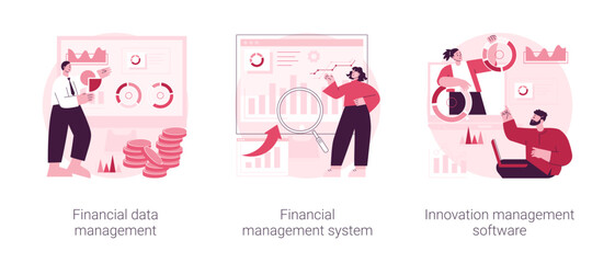 Business development abstract concept vector illustration set. Financial data management, innovation collaboration software, corporate budget planning, data report, risk management abstract metaphor.
