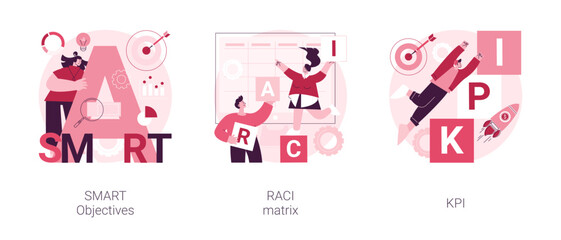 Success measurement abstract concept vector illustration set. SMART objectives, RACI matrix, KPI relevant strategy, responsibility chart, project management, company growth abstract metaphor.