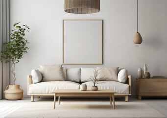 Mockup poster frame on the wall of living room. Modern Japanese style. Modern interior design. 3D render, 3D illustration.