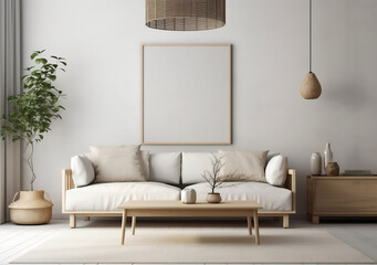 Mockup poster frame on the wall of living room. Modern Japanese style. Modern interior design. 3D render, 3D illustration.