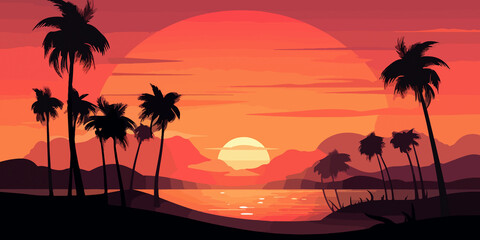 Obraz na płótnie Canvas Artistic flat design of tropical beach sunset scene
