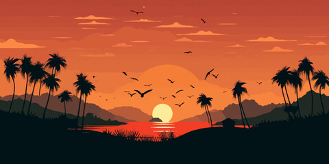 Artistic flat design of tropical beach sunset scene