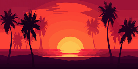 Fototapeta na wymiar Artistic flat design of tropical beach sunset scene