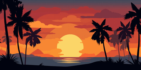 Fototapeta na wymiar Hand drawn beach sunset with palm tree silhouettes