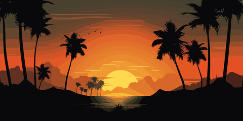 Obraz na płótnie Canvas Hand drawn beach sunset with palm tree silhouettes
