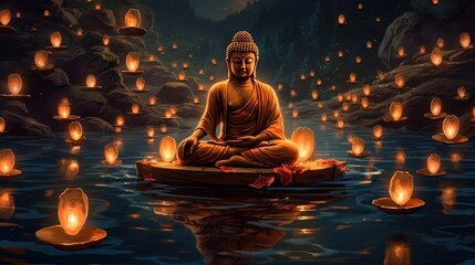 Buddha statue surrounded by lanterns, Generative AI