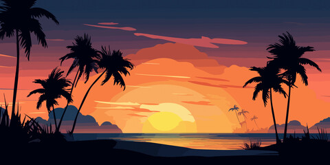 Naklejka na ściany i meble Hand drawn flat illustration of a beach sunset with palm silhouettes background, concept background