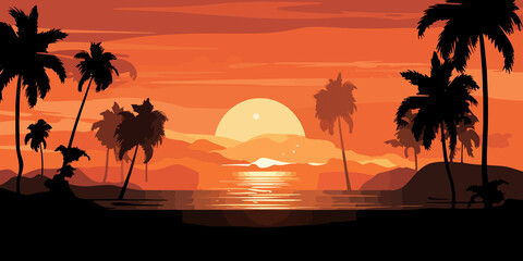 Obraz premium Hand drawn flat illustration of a beach sunset with palm silhouettes background, concept background