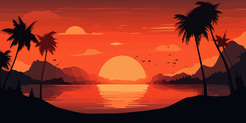 Palm silhouettes against beach sunset in flat illustration