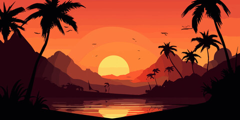 Fototapeta na wymiar Palm silhouettes against beach sunset in flat illustration