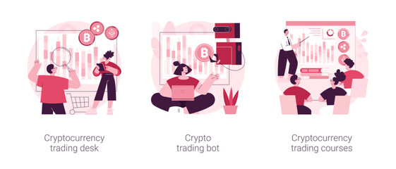 Digital tokens abstract concept vector illustration set. Cryptocurrency trading desk, crypto trading bot, trading courses, bitcoin futures, financial technology, blockchain ICO abstract metaphor.