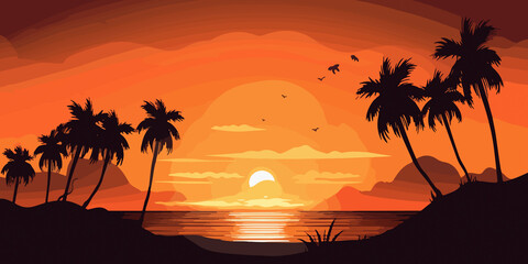 Palm silhouettes against beach sunset in flat illustration