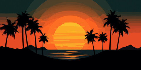 Fototapeta na wymiar Sunset beach landscape in hand drawn flat style