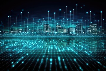 Fototapeta premium bustling city skyline at night with bright lights and skyscrapers. Generative AI
