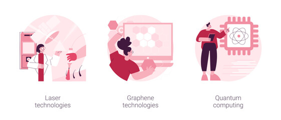 Innovative science abstract concept vector illustration set. Laser and graphene technologies, quantum computing, computer science, carbon dioxide nanomaterial, supercomputer abstract metaphor.