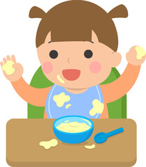 Baby grabbing puree, milk cereal or fruit puree with hands, vector illustration
