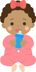 Baby with feeding bottle, drinking milk or drinking water, vector character illustration in cartoon style