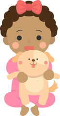 Baby playing with dolls happily, vector character illustration