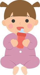 Baby with feeding bottle, drinking milk or drinking water, vector character illustration in cartoon style