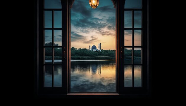 image of a window with a view of a peaceful lake or river, with a mosque on its banks to celebrate Eid al-Fitr. Generative ai
