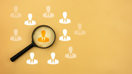 Magnifying glass focus among staff icons for human development recruitment leadership and customer target group, sample search, personnel finding a good job candidate. leadership person, HR concept