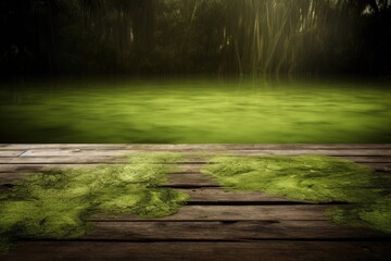 weathered wooden dock covered in lush green algae. Generative AI