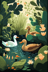 ducks in the pond illustrations