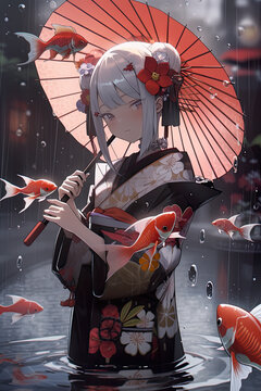 A cute anime-style virtual idol, vtuber, or digital character immortal water spirit with umbrella among koi carp by the water, AI generative