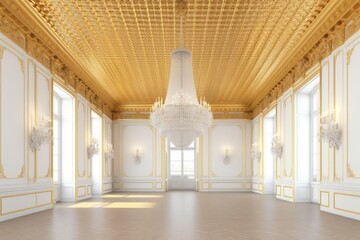 grand ballroom with an elegant chandelier as the centerpiece. Generative AI