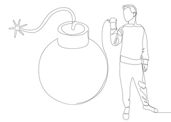 One continuous line of Man pointing with finger at Bomb. Thin Line Illustration vector concept. Contour Drawing Creative ideas.